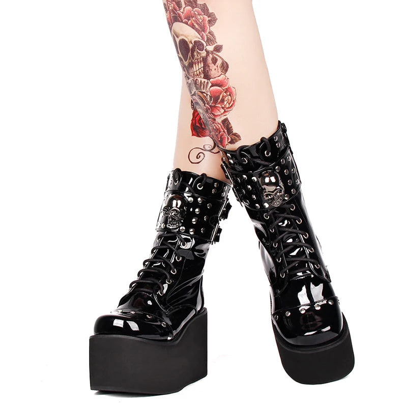 Gothic Punk Rock Lace-up Boots Block Heel Thick Platform Boots