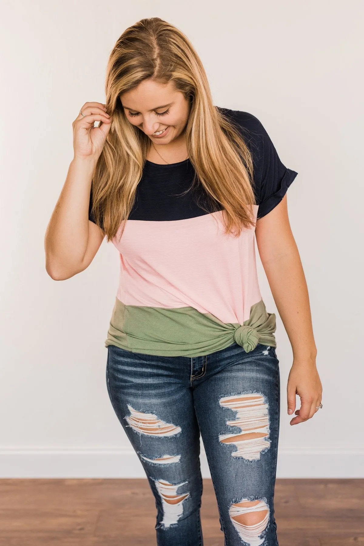 Happily Yours Color Block Top- Navy, Blush, & Sage