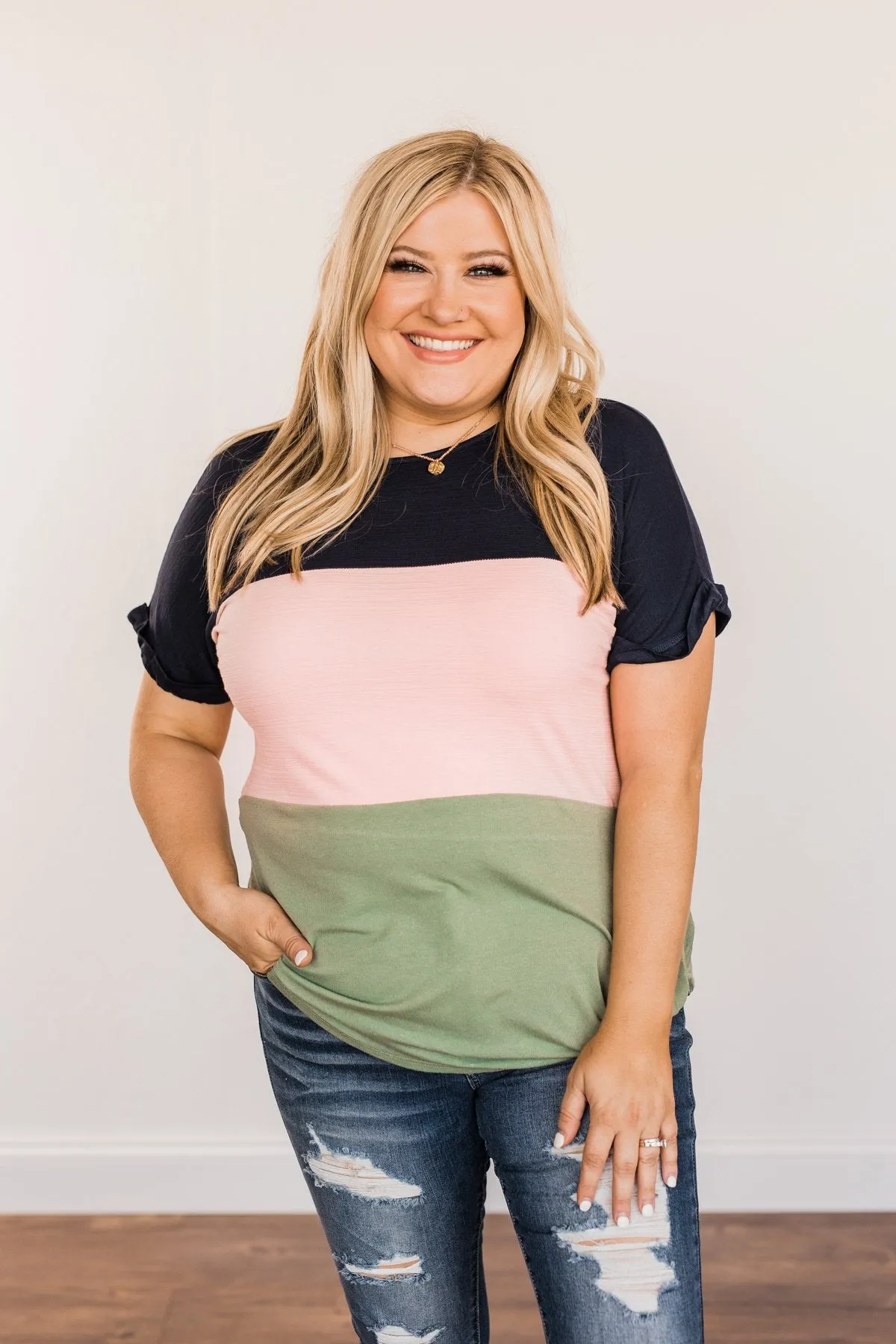 Happily Yours Color Block Top- Navy, Blush, & Sage