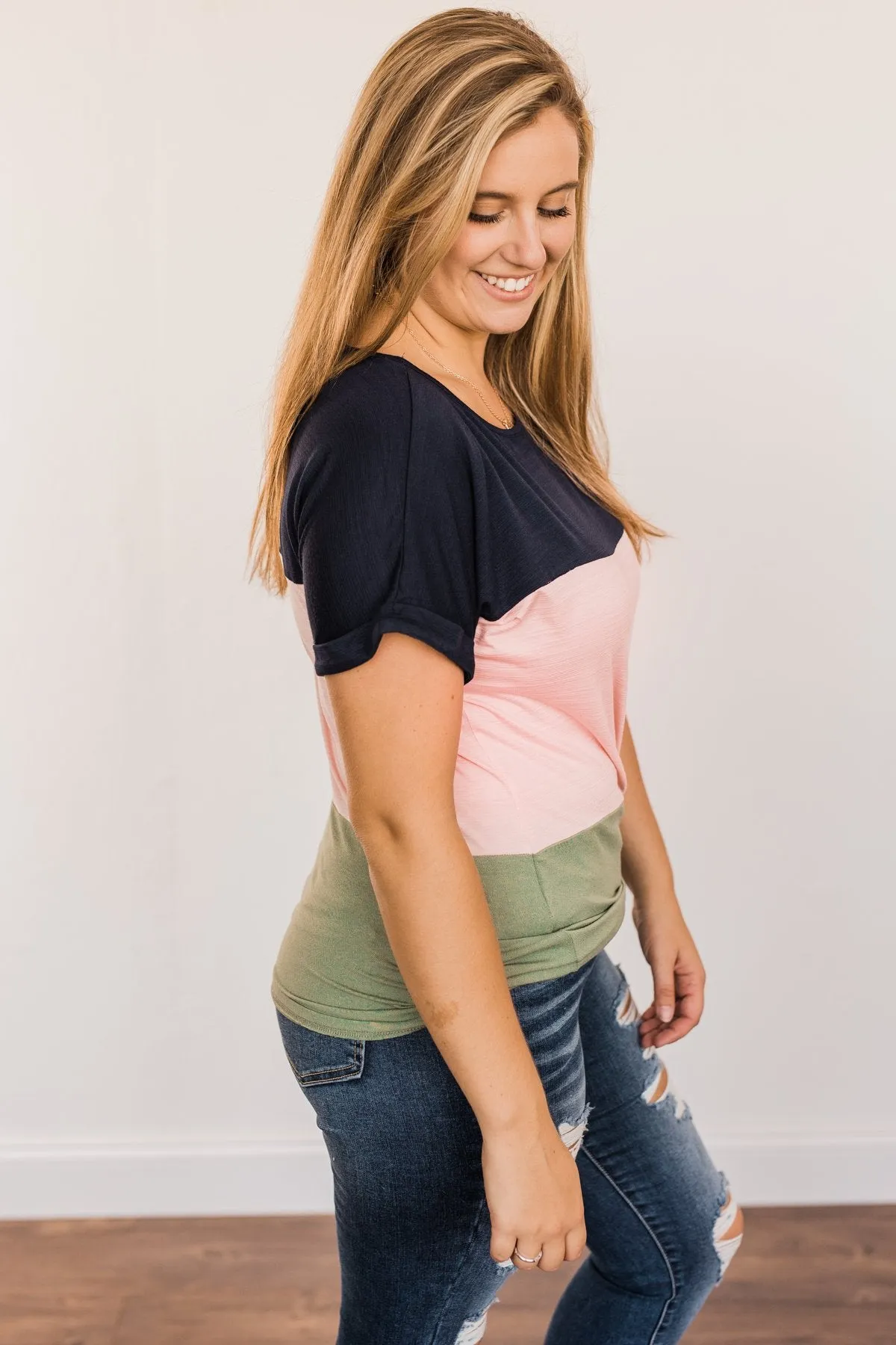 Happily Yours Color Block Top- Navy, Blush, & Sage