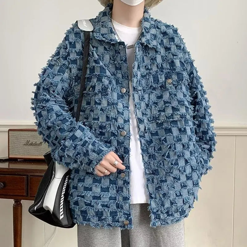 High Street Vintage Denim Jacket Men Harajuku Checker Tassel Varsity Coat Spring Casual Windbreaker Loose Jackets Unisex Korean