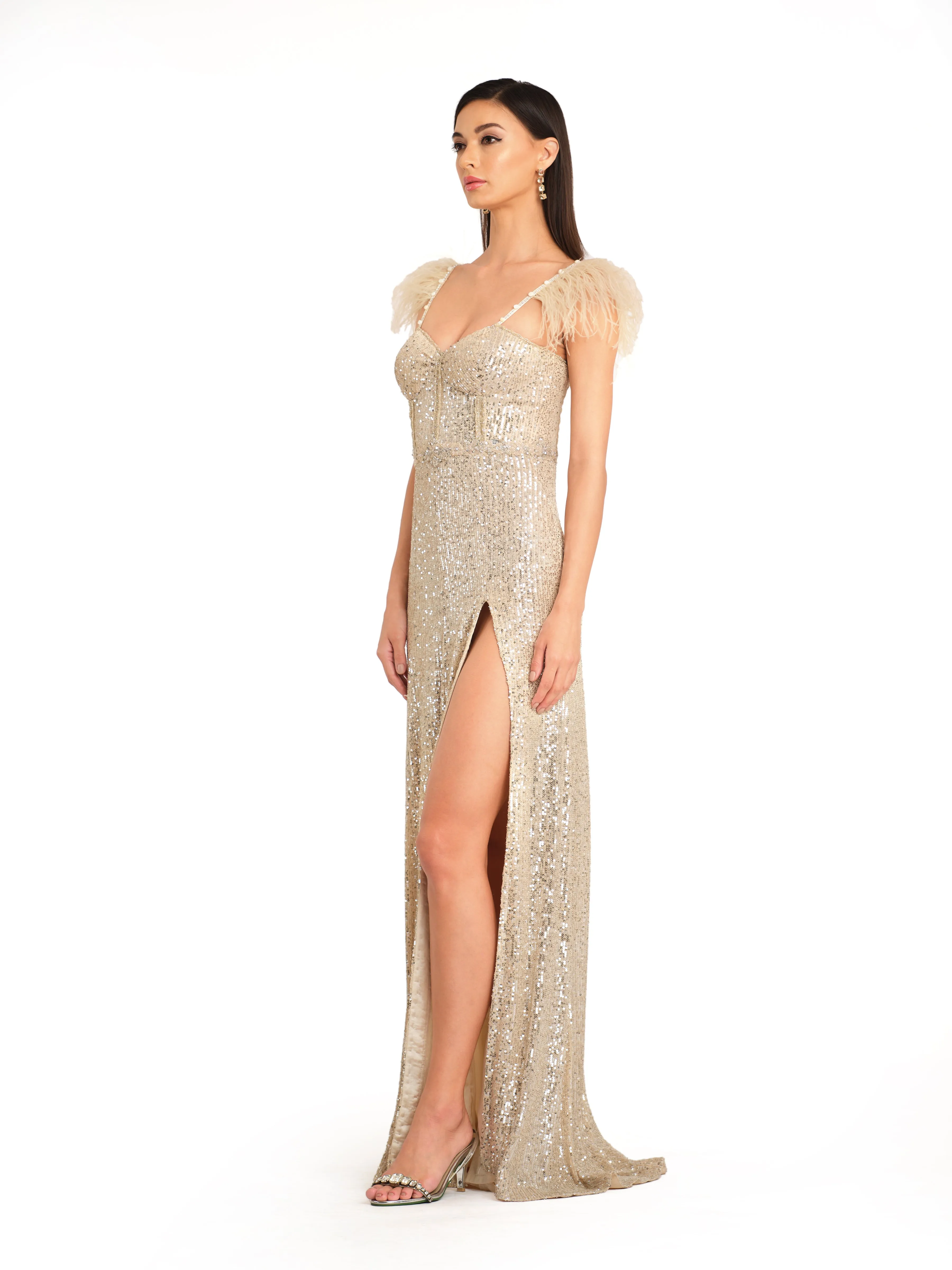 Ivory Sequin Corset Gown with Feather Detailing on Straps