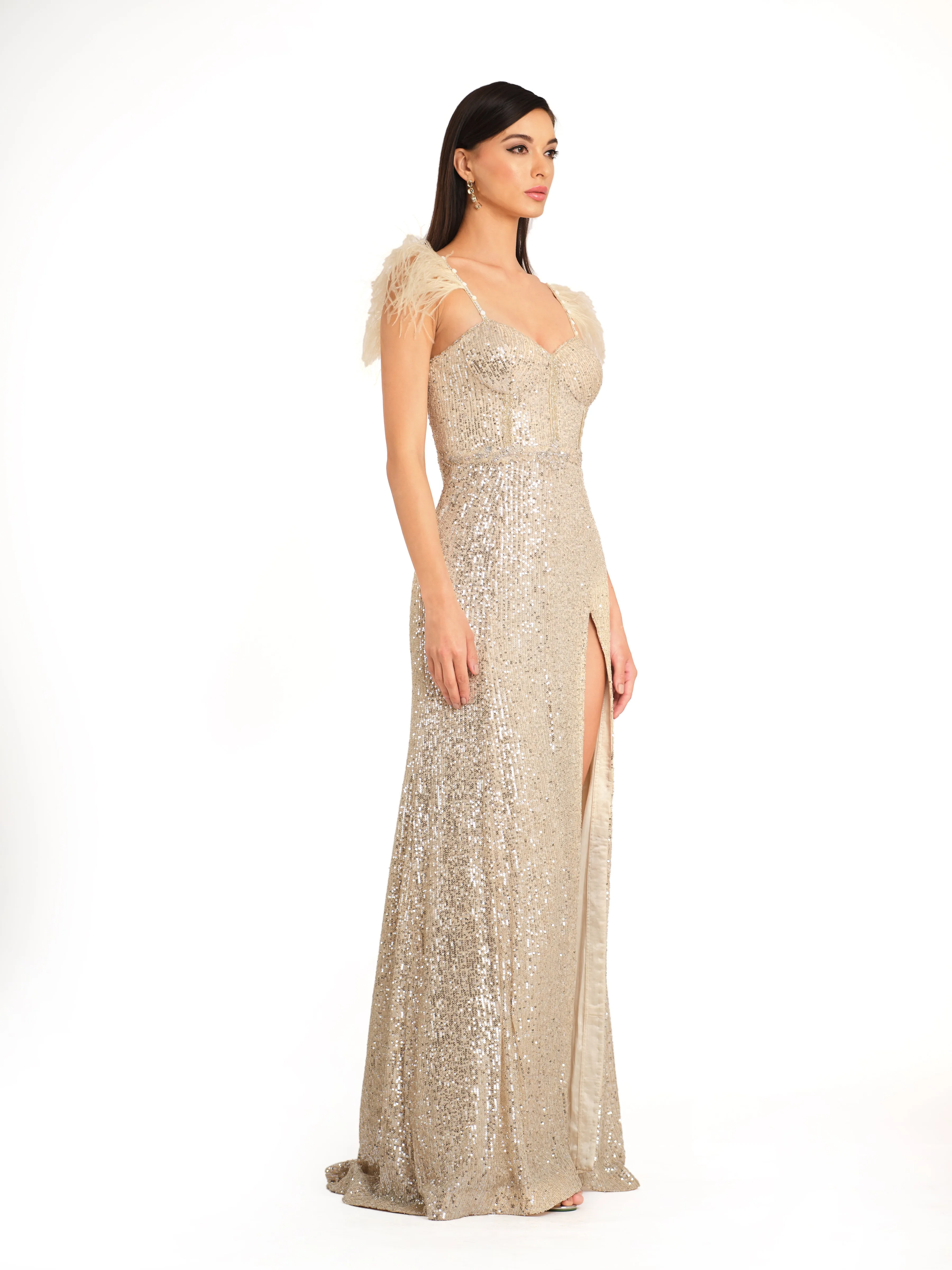 Ivory Sequin Corset Gown with Feather Detailing on Straps