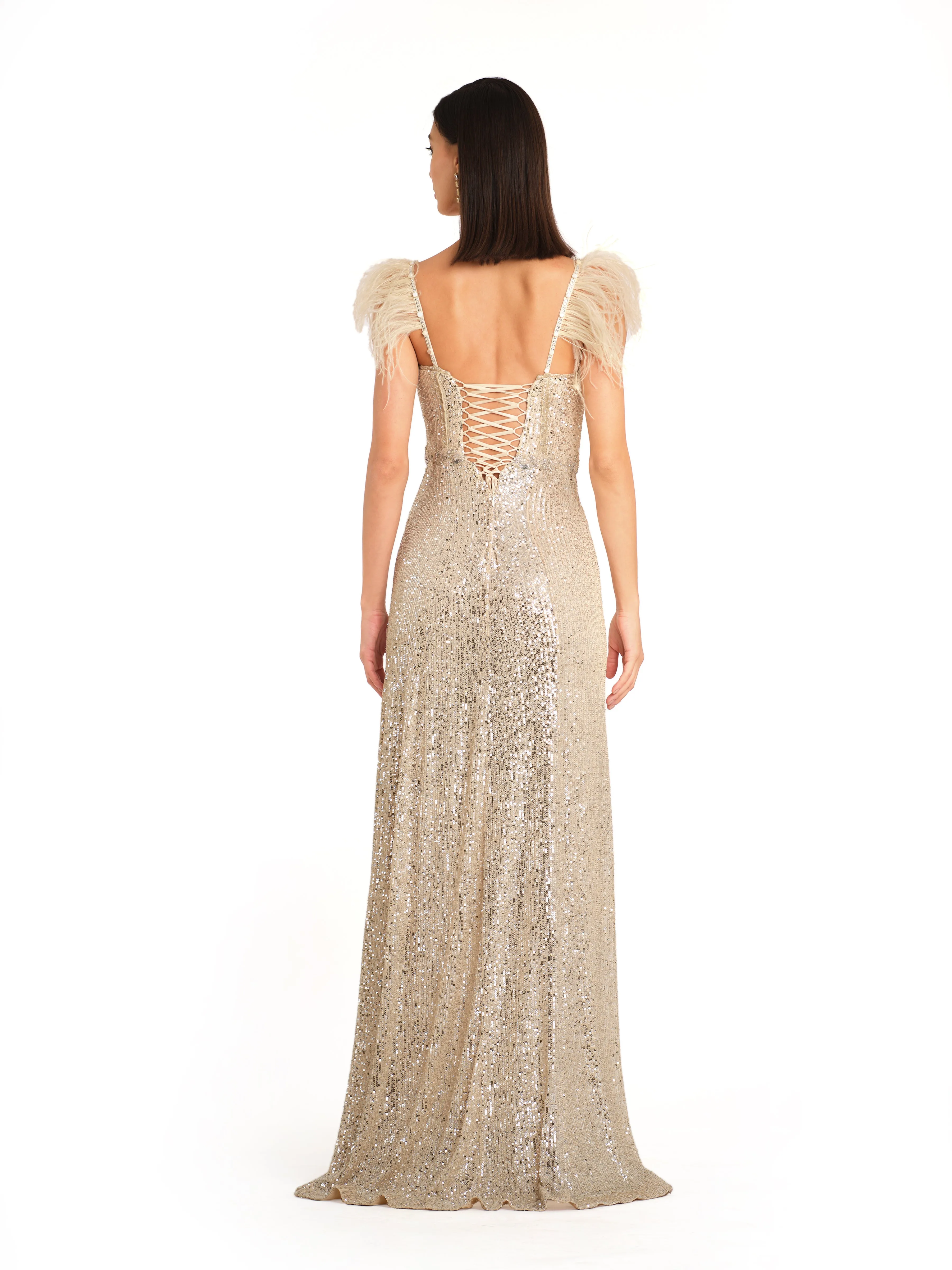 Ivory Sequin Corset Gown with Feather Detailing on Straps