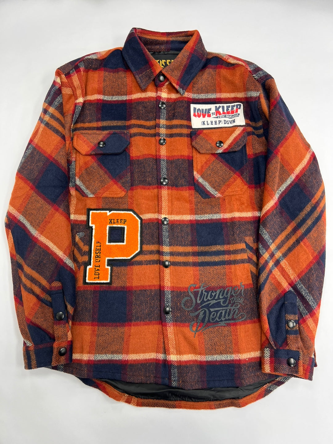 KLEEP Graphic Print Plaid Shirt Jacket - Orange