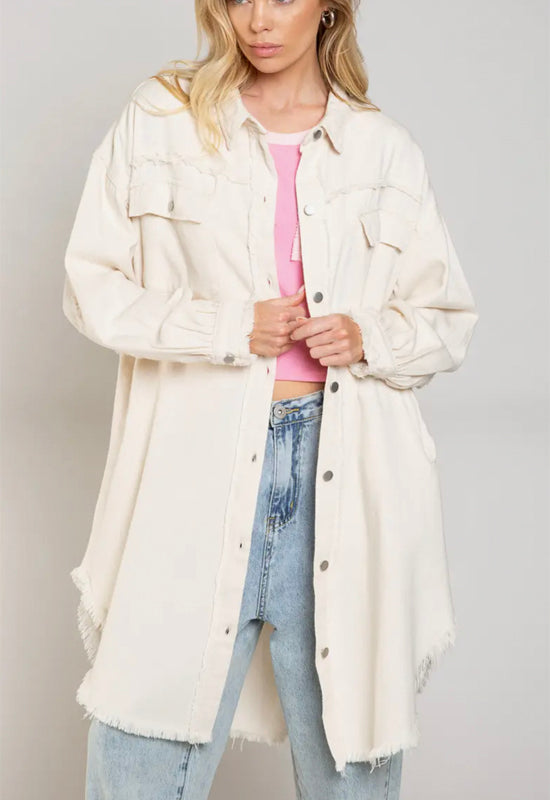 Long Denim Duster Jacket - Oat Milk