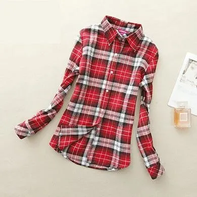 Long Sleeved Turn Down Collar Women’s Plaid Pattern Shirts for Autumn