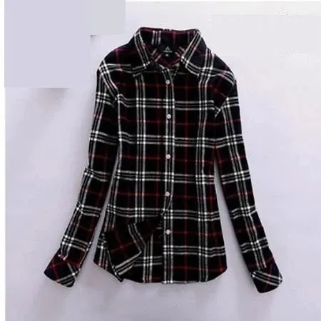 Long Sleeved Turn Down Collar Women’s Plaid Pattern Shirts for Autumn