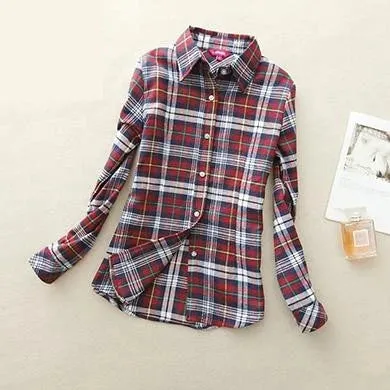 Long Sleeved Turn Down Collar Women’s Plaid Pattern Shirts for Autumn