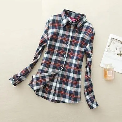 Long Sleeved Turn Down Collar Women’s Plaid Pattern Shirts for Autumn