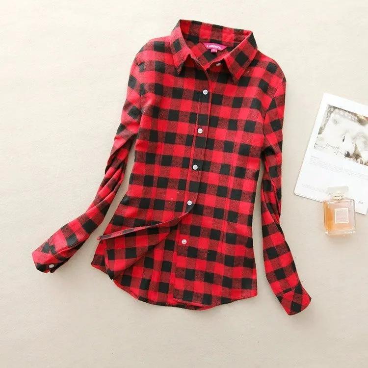 Long Sleeved Turn Down Collar Women’s Plaid Pattern Shirts for Autumn