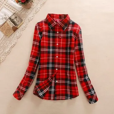 Long Sleeved Turn Down Collar Women’s Plaid Pattern Shirts for Autumn