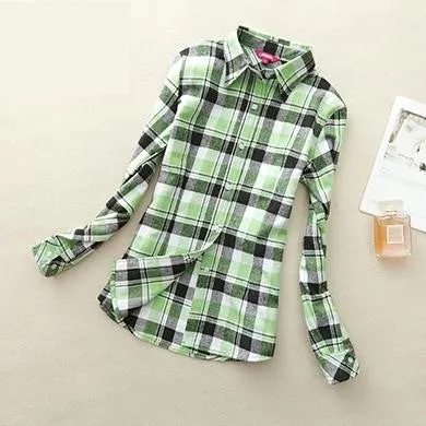 Long Sleeved Turn Down Collar Women’s Plaid Pattern Shirts for Autumn