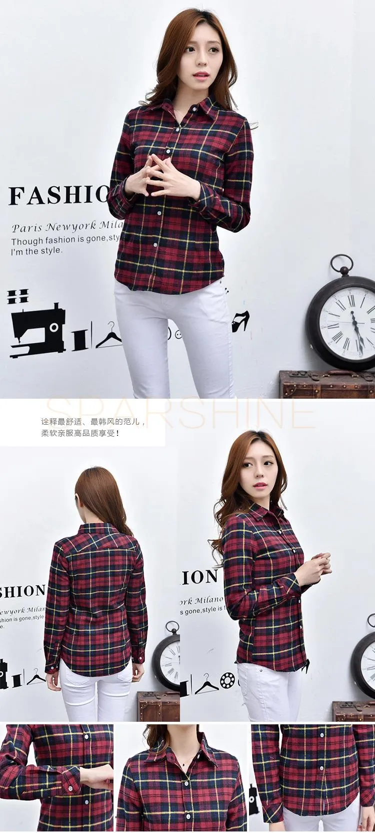 Long Sleeved Turn Down Collar Women’s Plaid Pattern Shirts for Autumn