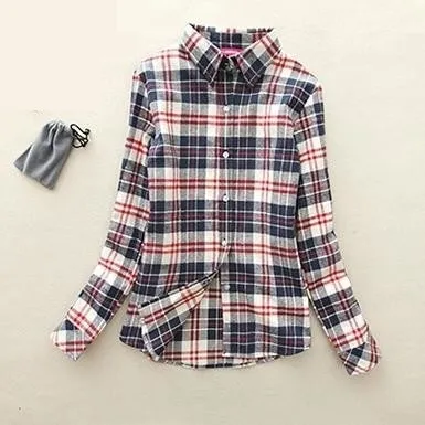 Long Sleeved Turn Down Collar Women’s Plaid Pattern Shirts for Autumn