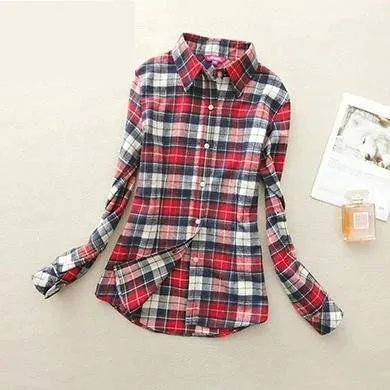 Long Sleeved Turn Down Collar Women’s Plaid Pattern Shirts for Autumn