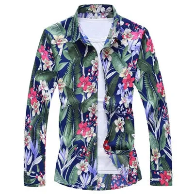 Men's Casual Green Floral Printed Slim Fit Party Long Sleeve Shirt