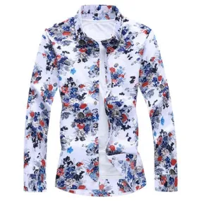 Men's Flower Printed Turn-Down Collar Casual Long Sleeve Slim Shirt