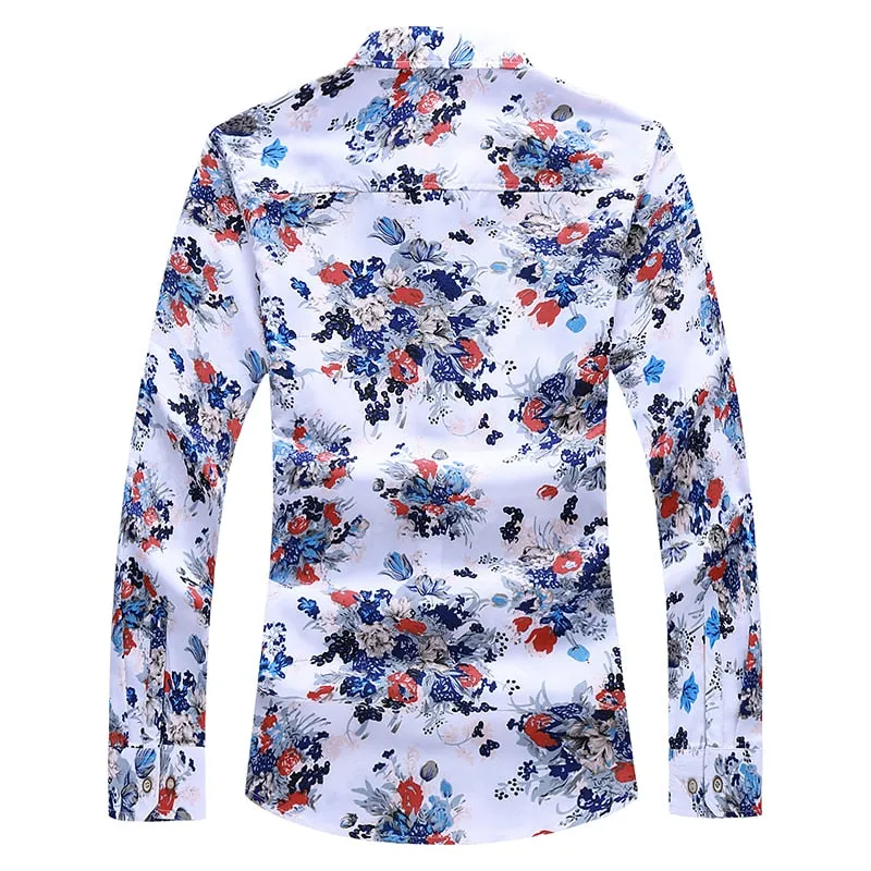 Men's Flower Printed Turn-Down Collar Casual Long Sleeve Slim Shirt