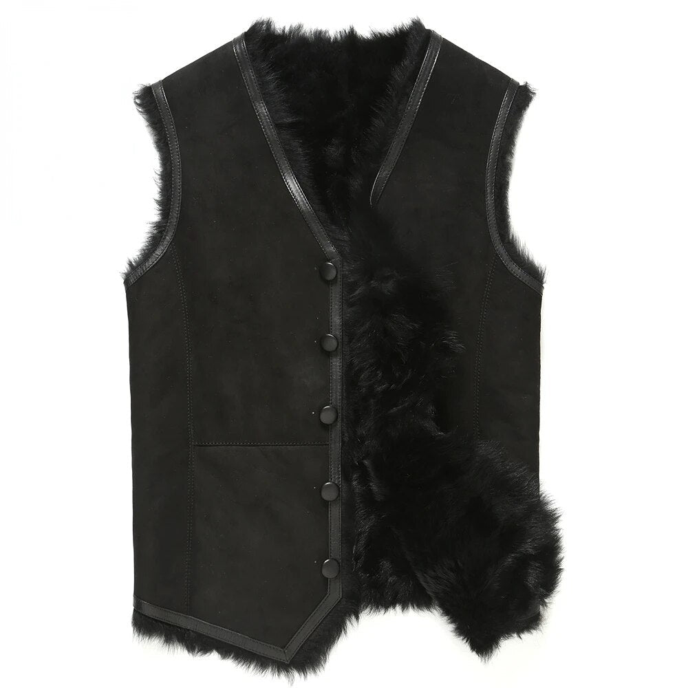 Men's Sheepskin Leather Shearling Real Fur Sleeveless V-Neck Vestcoat