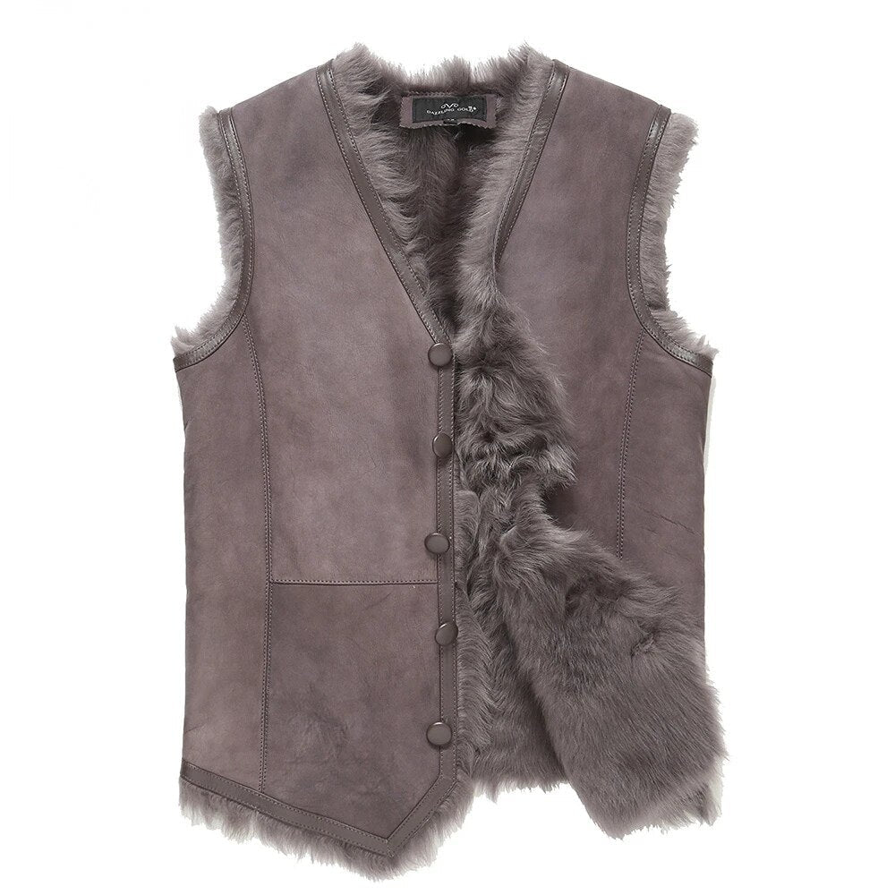 Men's Sheepskin Leather Shearling Real Fur Sleeveless V-Neck Vestcoat