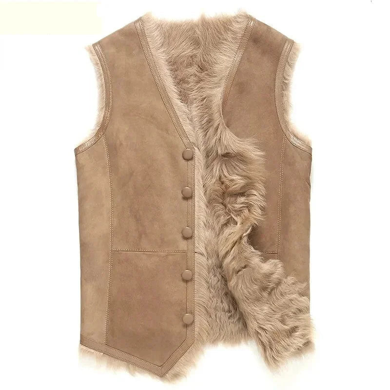 Men's Sheepskin Leather Shearling Real Fur Sleeveless V-Neck Vestcoat