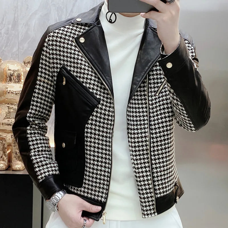 Men's Vintage Casual Polyester Lattice Printed Lapel Motorcycle Jacket