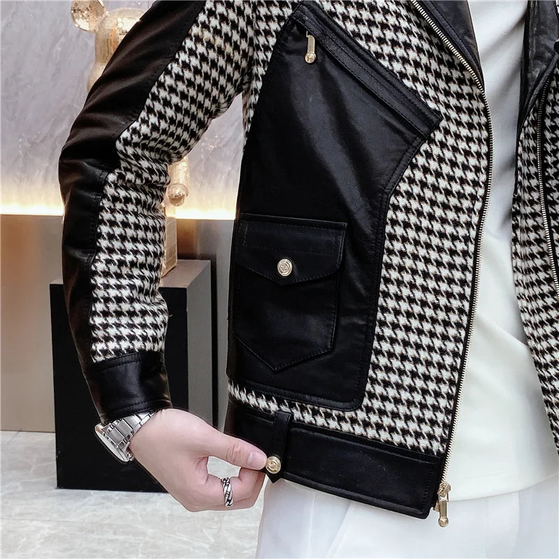 Men's Vintage Casual Polyester Lattice Printed Lapel Motorcycle Jacket