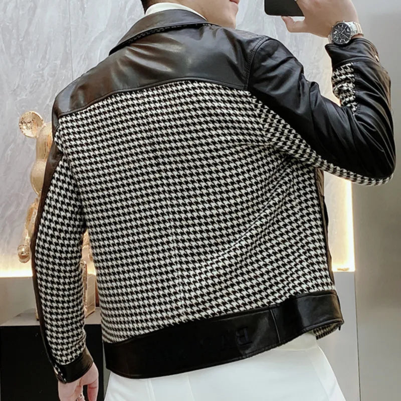 Men's Vintage Casual Polyester Lattice Printed Lapel Motorcycle Jacket