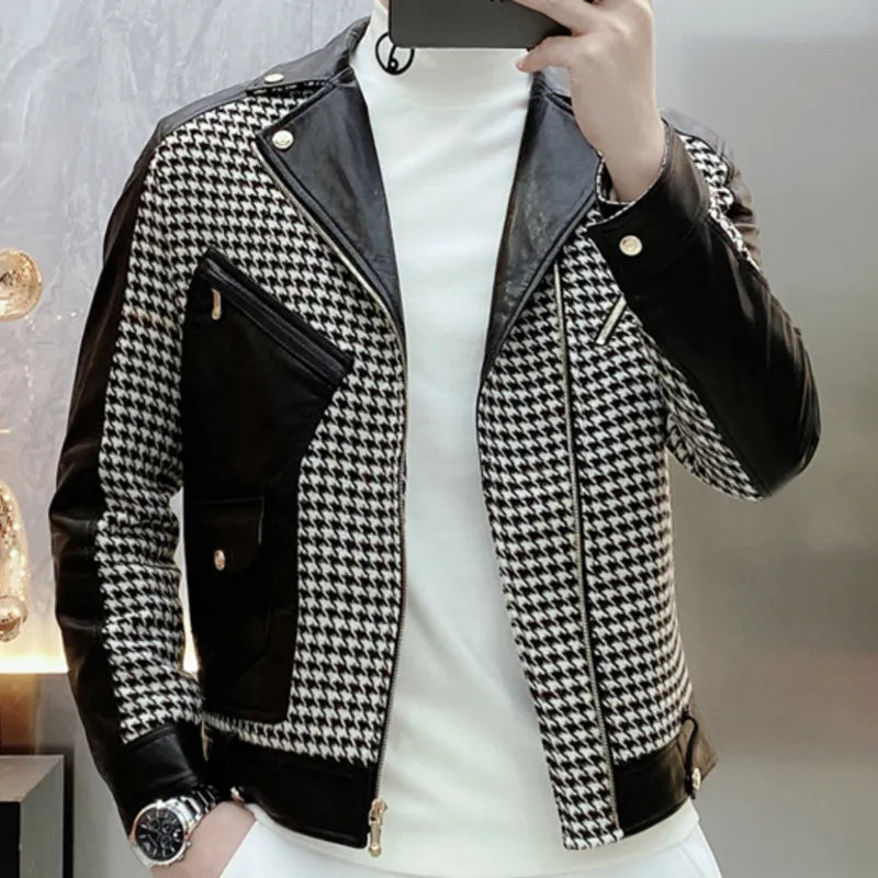 Men's Vintage Casual Polyester Lattice Printed Lapel Motorcycle Jacket