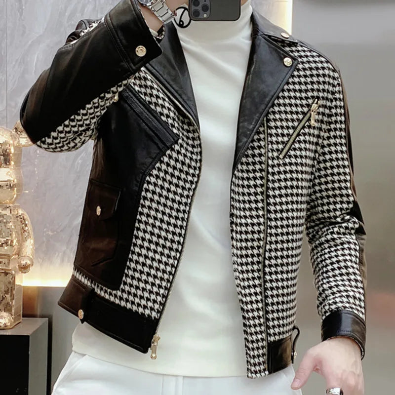 Men's Vintage Casual Polyester Lattice Printed Lapel Motorcycle Jacket