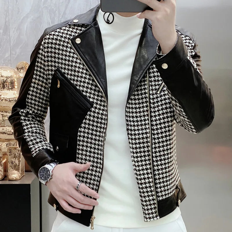 Men's Vintage Casual Polyester Lattice Printed Lapel Motorcycle Jacket