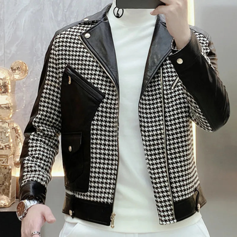 Men's Vintage Casual Polyester Lattice Printed Lapel Motorcycle Jacket