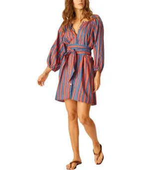 Natalie Martin Alex Short Dress With Sash In Batik Stripe Blood Orange