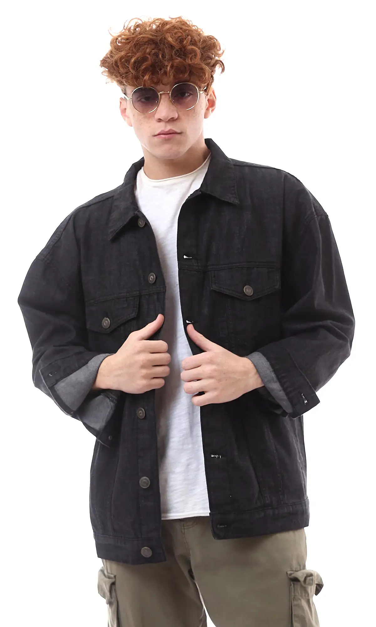 O174498 Black Denim Jacket With Buttoned Cuffs