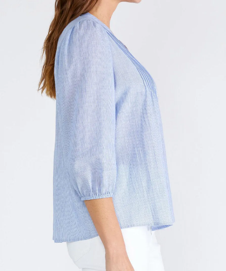 Pintuck 3/4 Sleeve Blouse - Chambray/Ivory