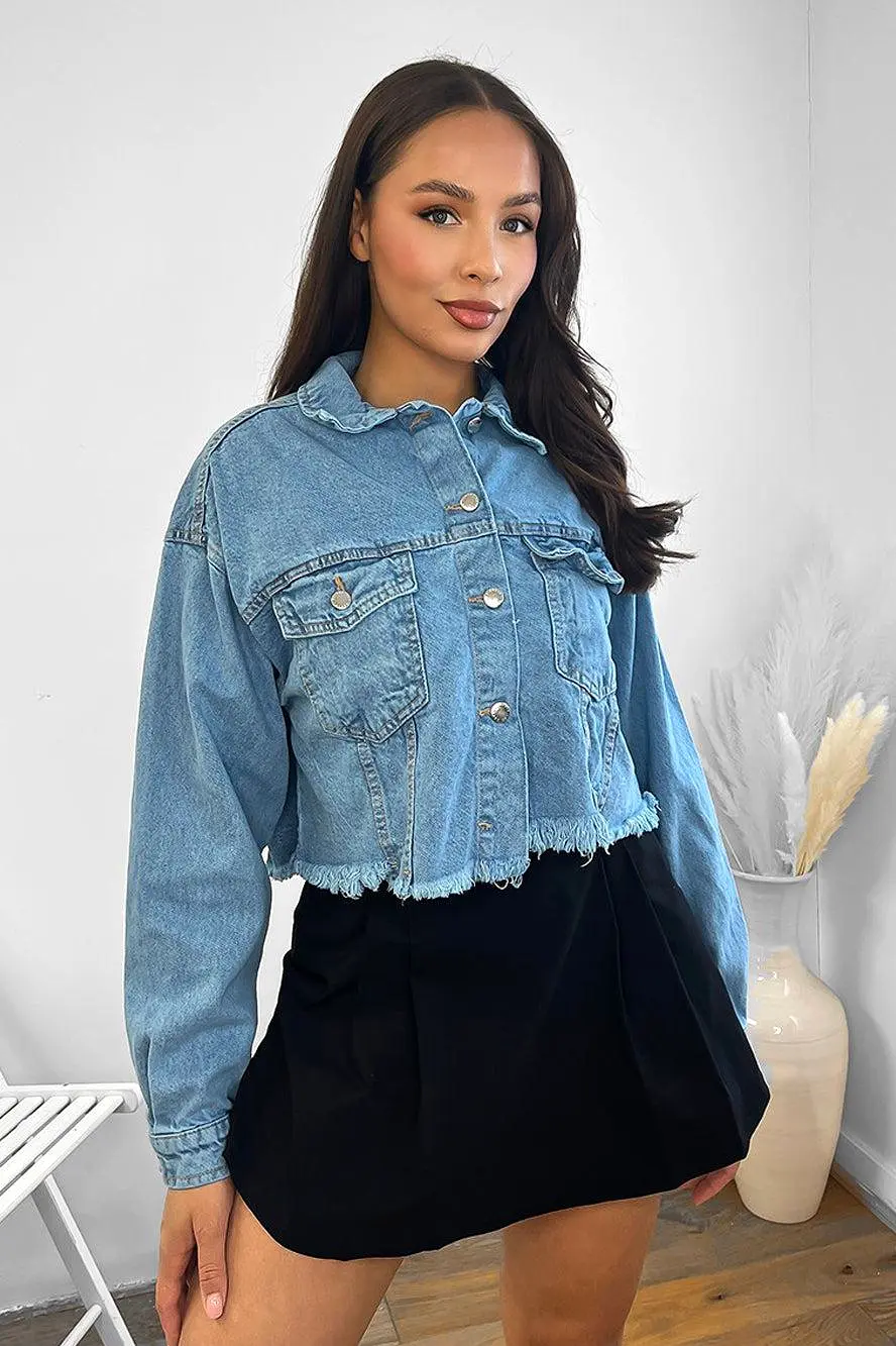 Raw Hem Cropped Oversized 100% Denim Jacket