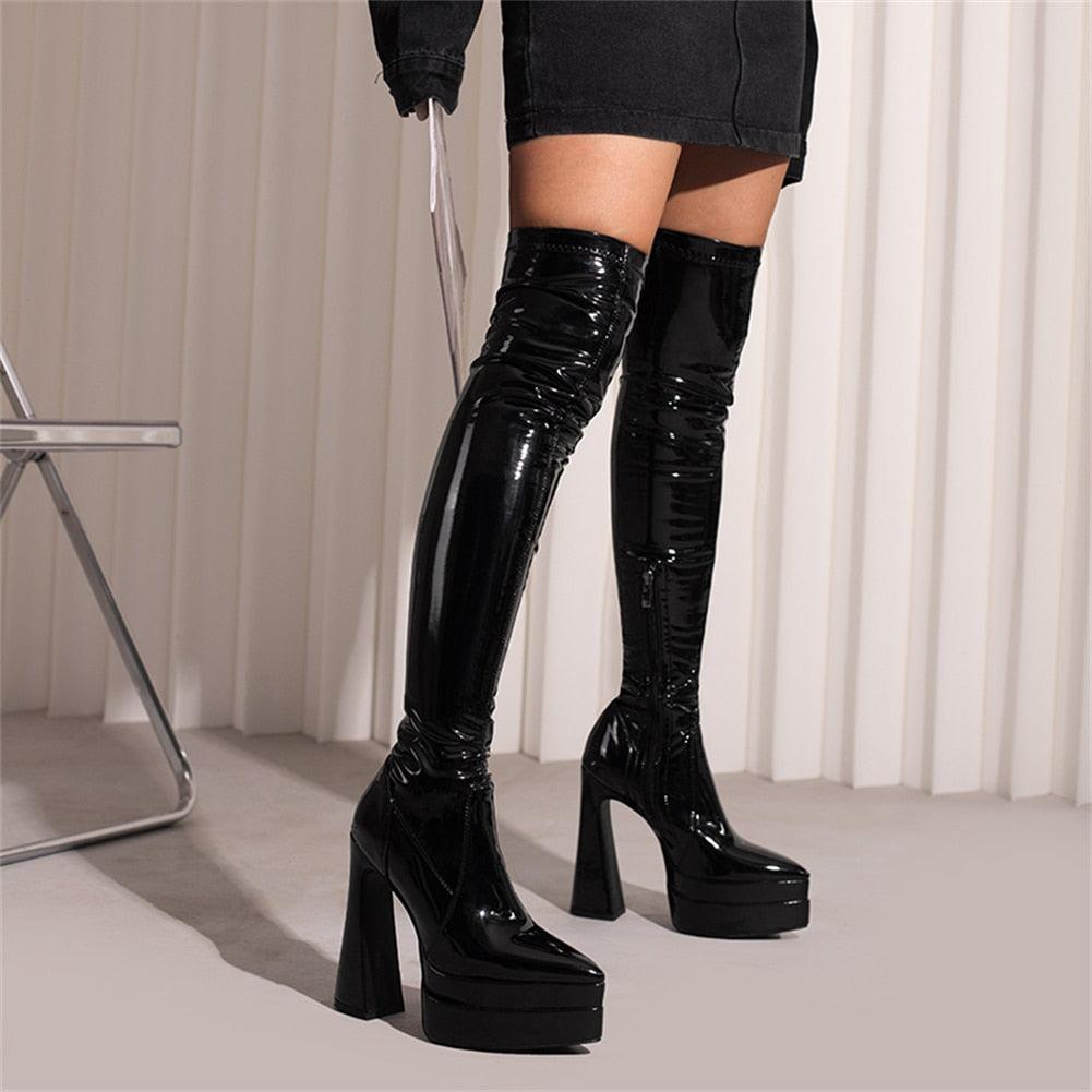 SaraIris Handmade Thigh High Pointed Toe Platform Boots - Sexy Over The Knee Boots for Winter Parties