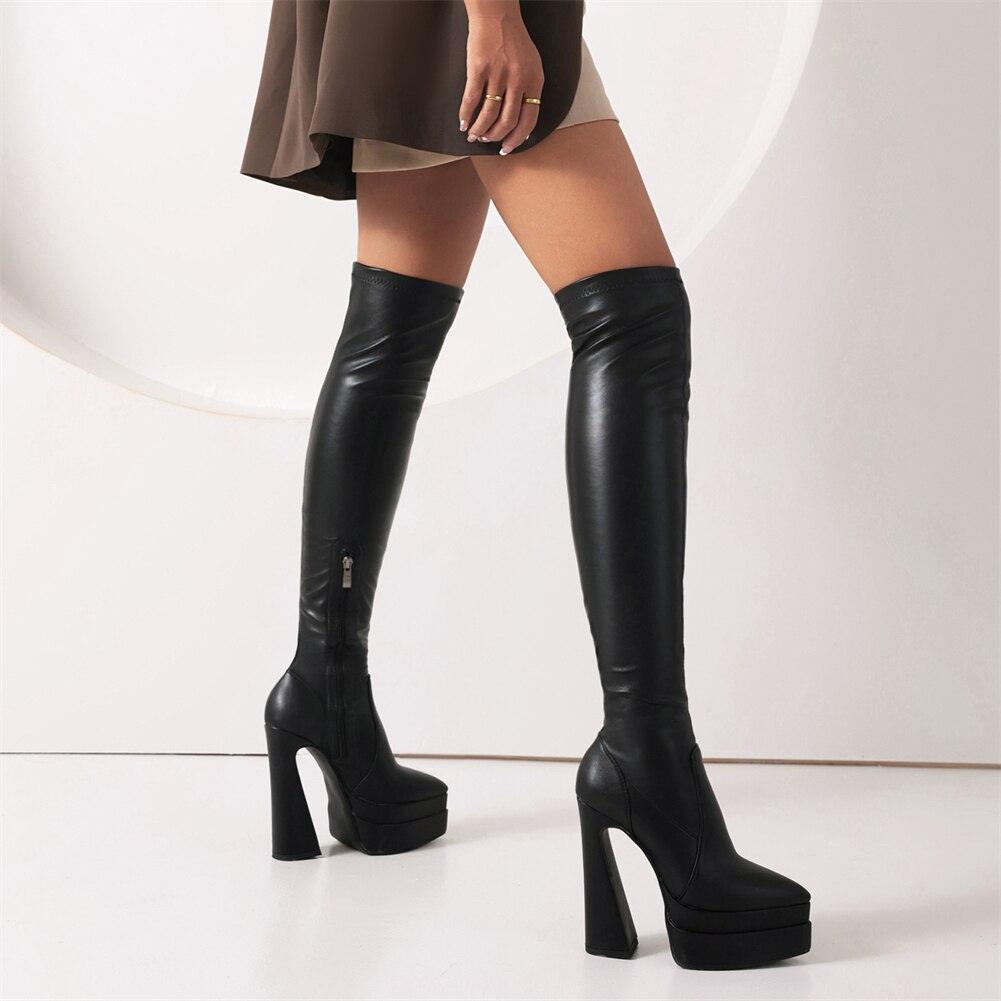 SaraIris Handmade Thigh High Pointed Toe Platform Boots - Sexy Over The Knee Boots for Winter Parties