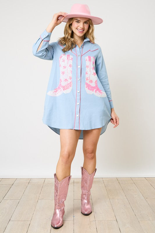 Sequin Cowboy Boots Button Down