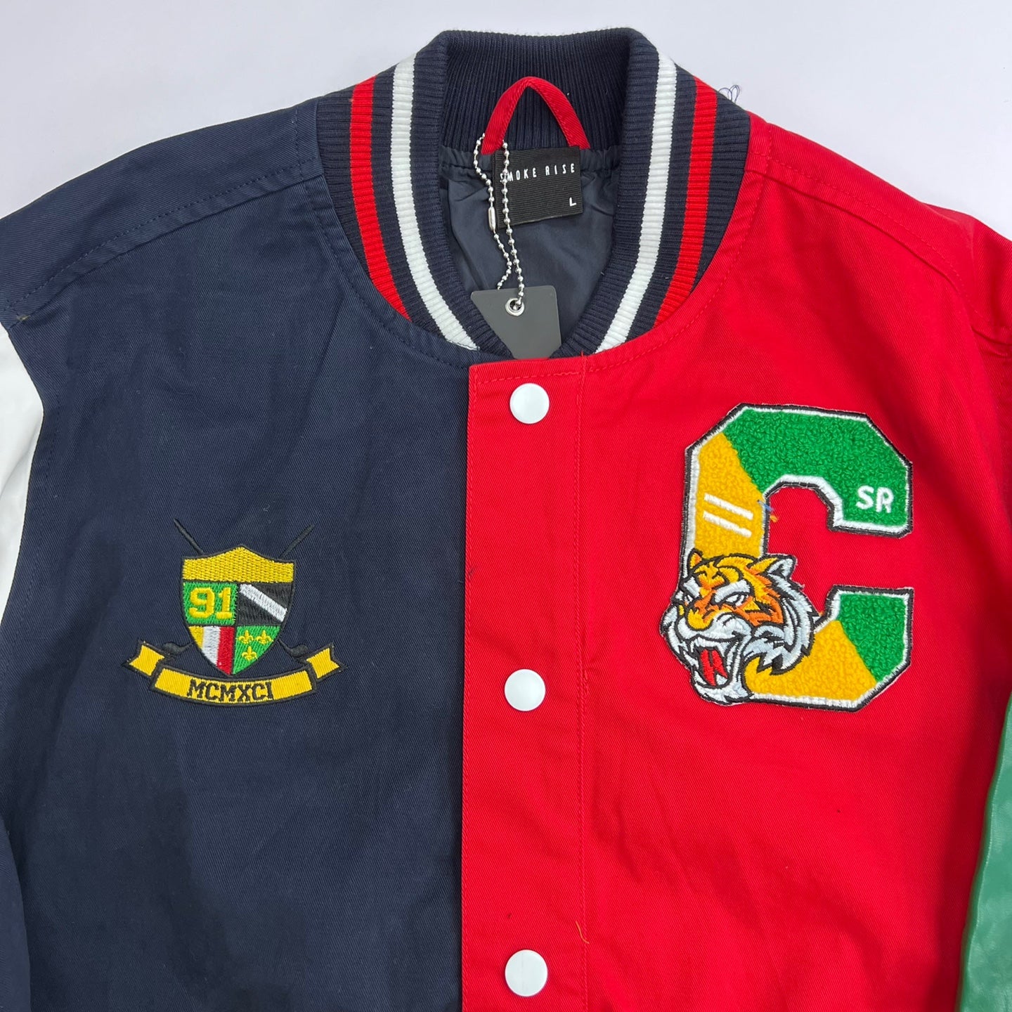 SMOKE RISE Twill Varsity Jacket - Red/Green/Navy