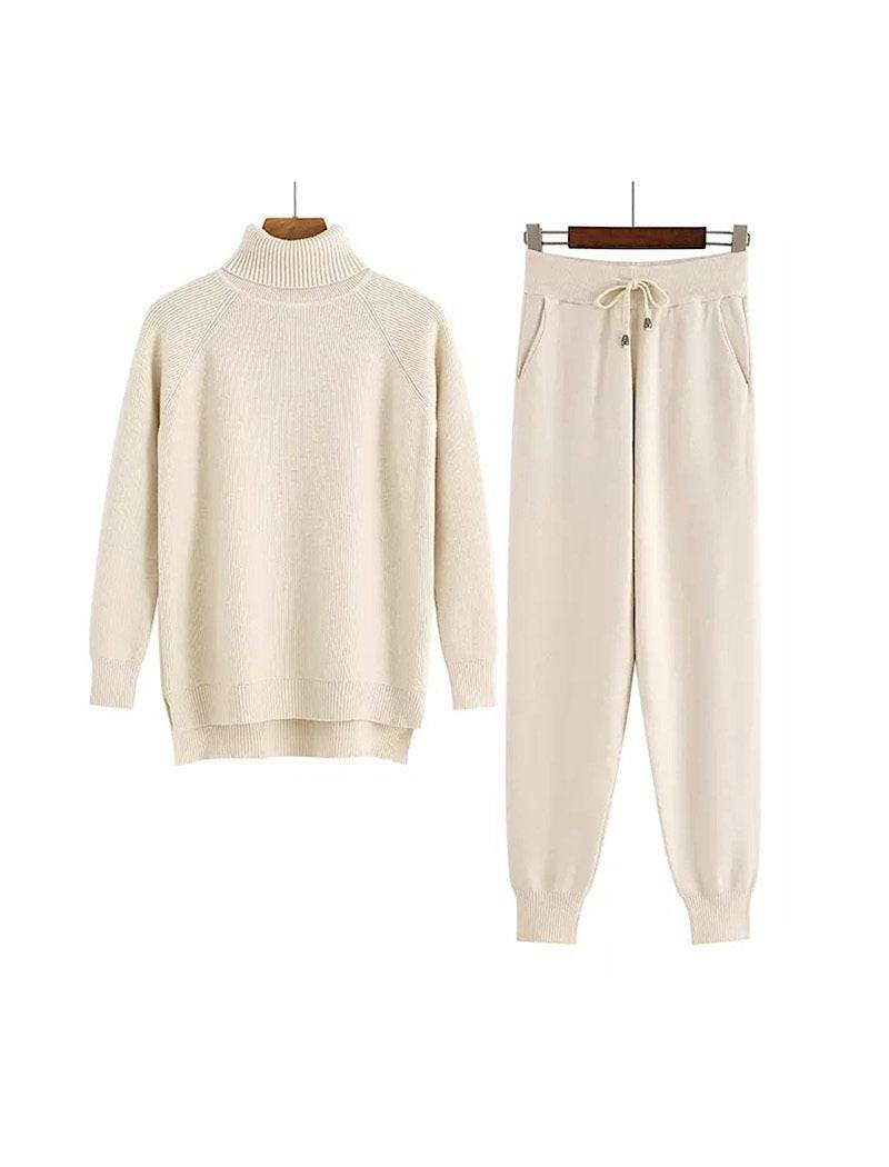 Soft Ribbed Long Sleeve Turtleneck Top and Jogging Pant Co Ord Set