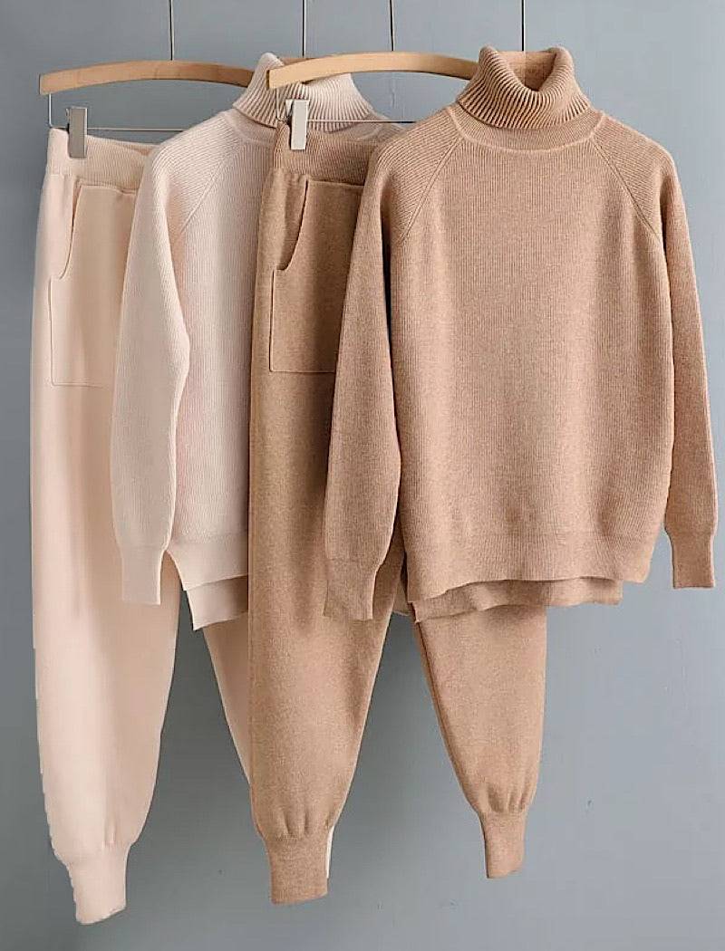 Soft Ribbed Long Sleeve Turtleneck Top and Jogging Pant Co Ord Set