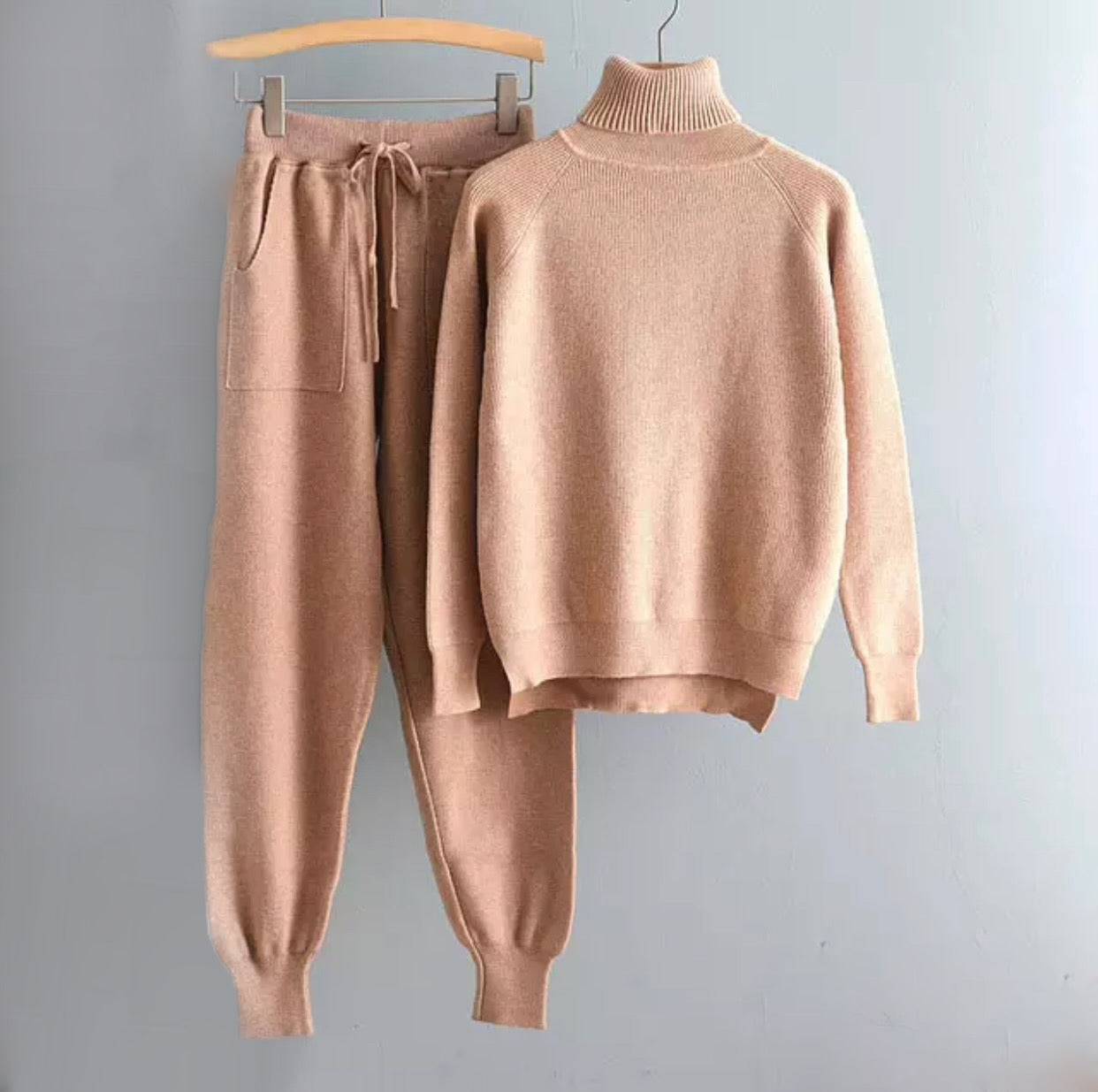 Soft Ribbed Long Sleeve Turtleneck Top and Jogging Pant Co Ord Set