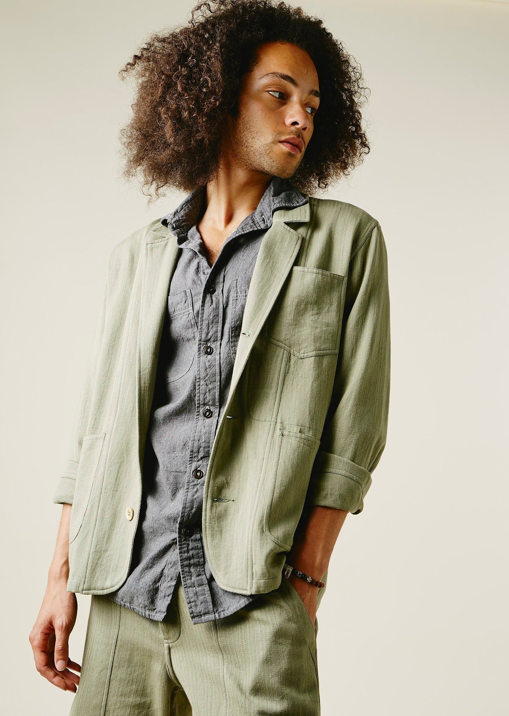 STUDY BLAZER Od Green Military Herringbone