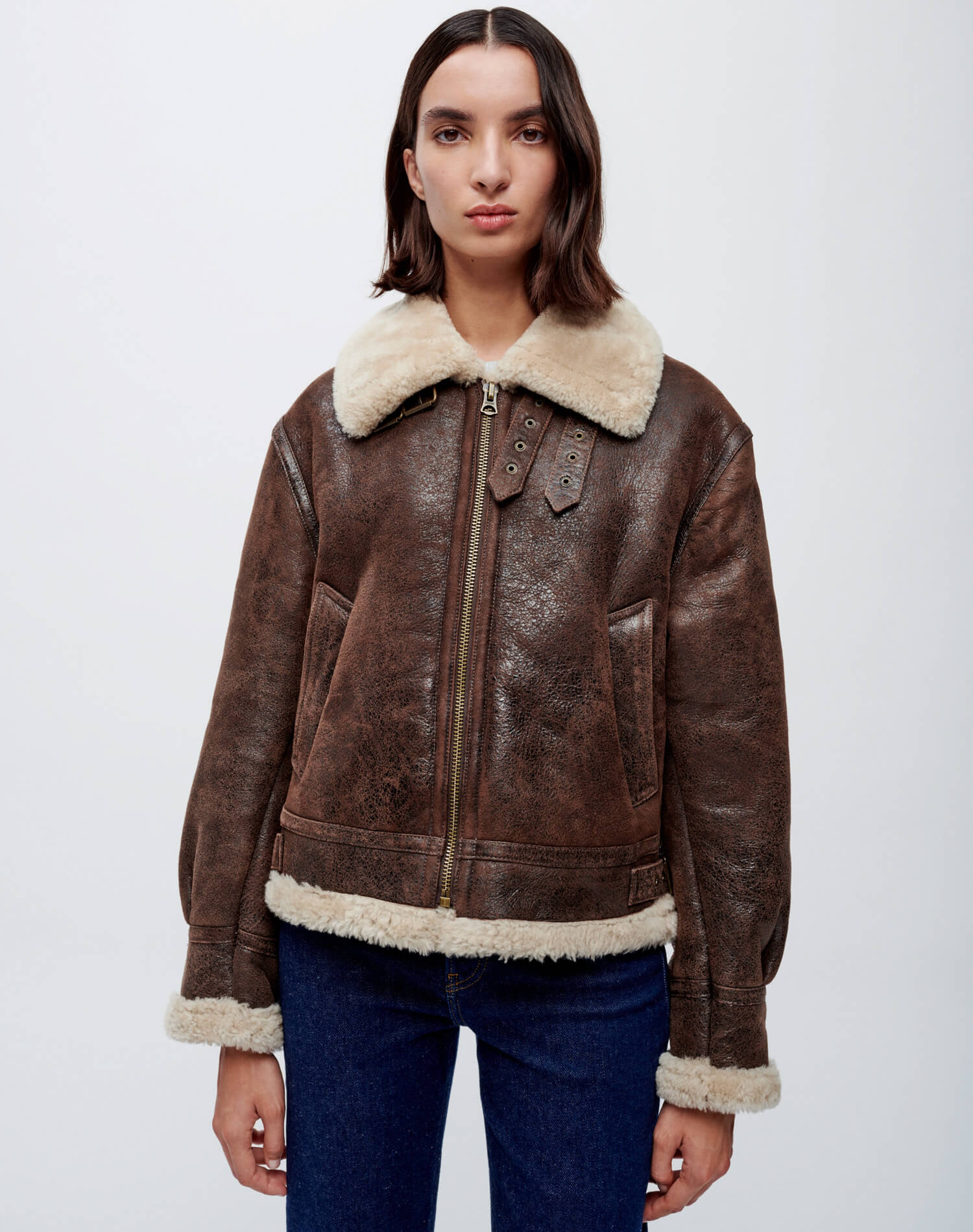 Suede Shearling Aviator Jacket - Brown