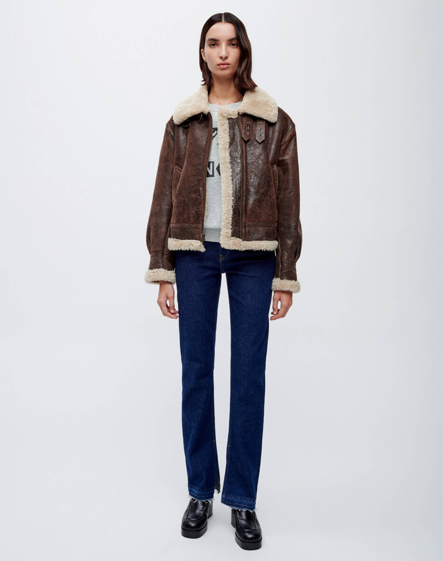 Suede Shearling Aviator Jacket - Brown