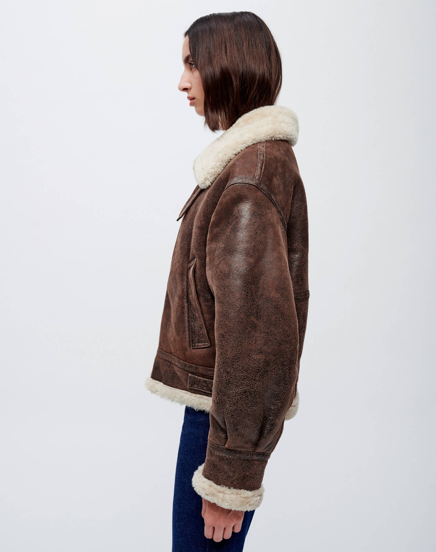 Suede Shearling Aviator Jacket - Brown