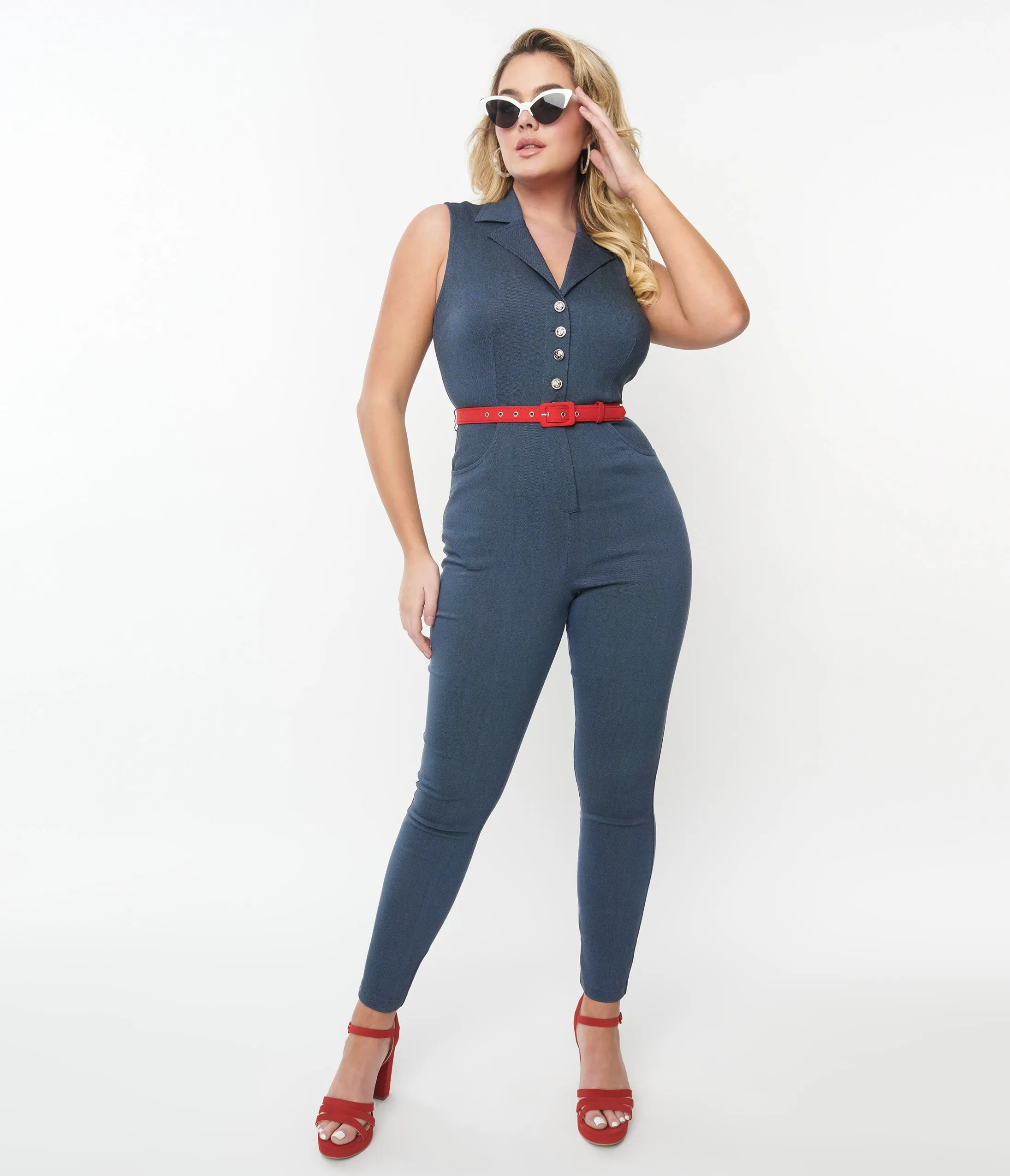 Unique Vintage 1950s Blue Denim & Red Belt Skinny Jumpsuit