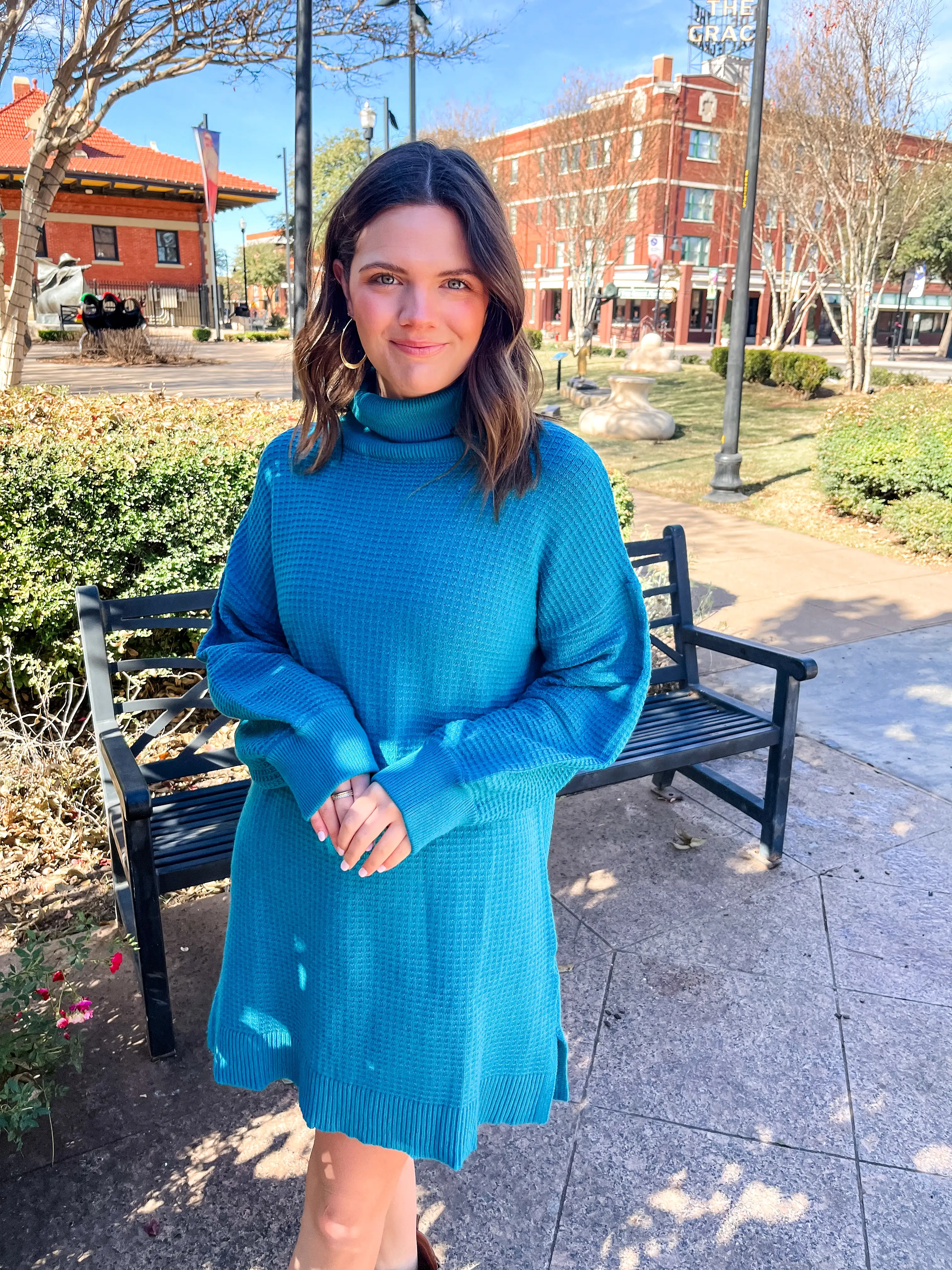 Waffle Knit Turtleneck Sweater Dress- Teal